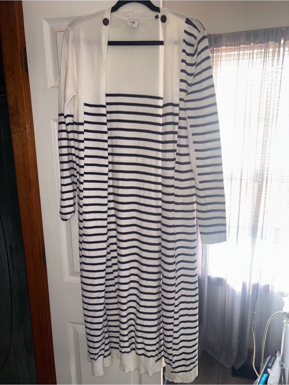 CAbi Cream and Black Striped Open-Front Maxi Cardigan